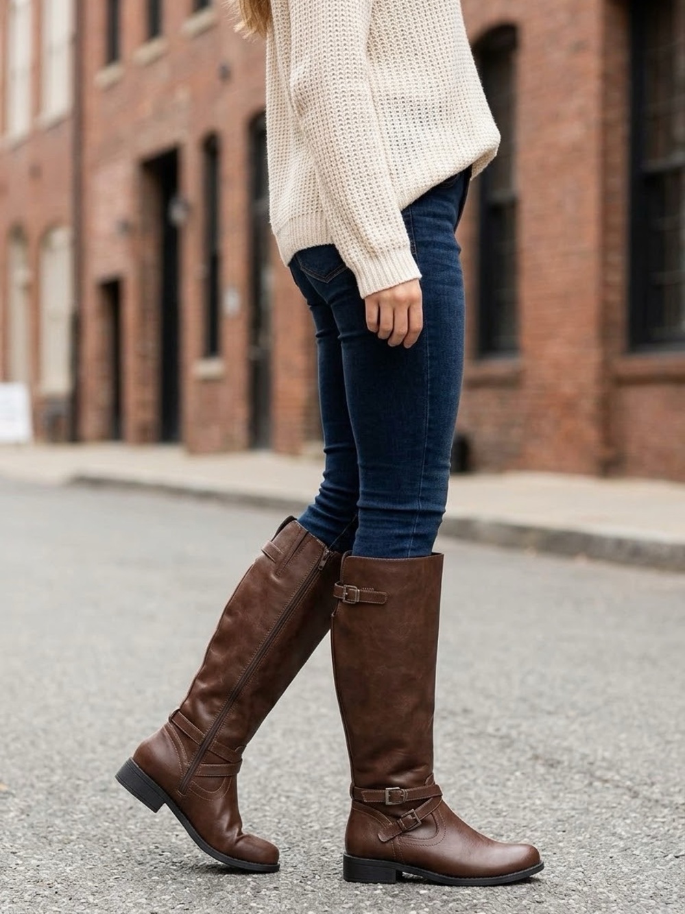 NWT Ermonn Womens Knee High Side Zip Wide Calf Flat Low Heel Boots